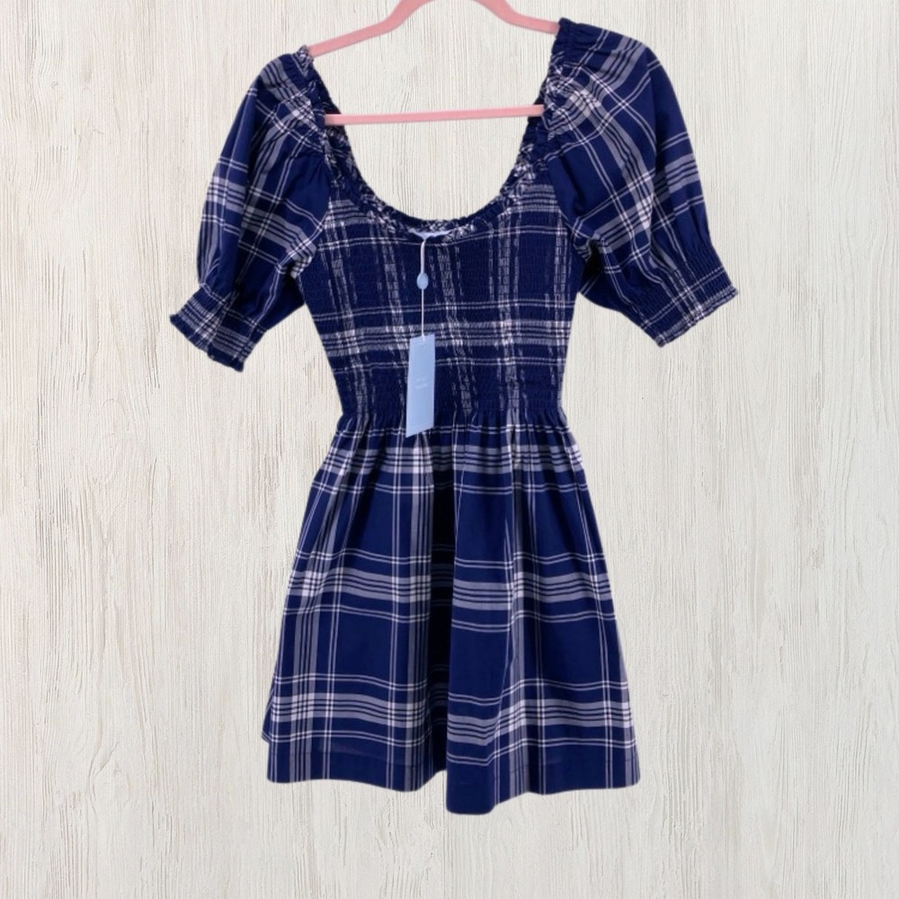Hill House Home The Naia Nap Dress Navy Plaid Smocked Mini XS Coastal CottageNEW